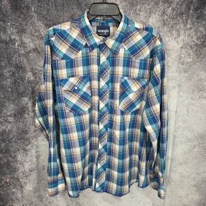 Wrangler Western Shirt Mens XL Blue Plaid Pearl Snap Cowboy Lightweight Vtg